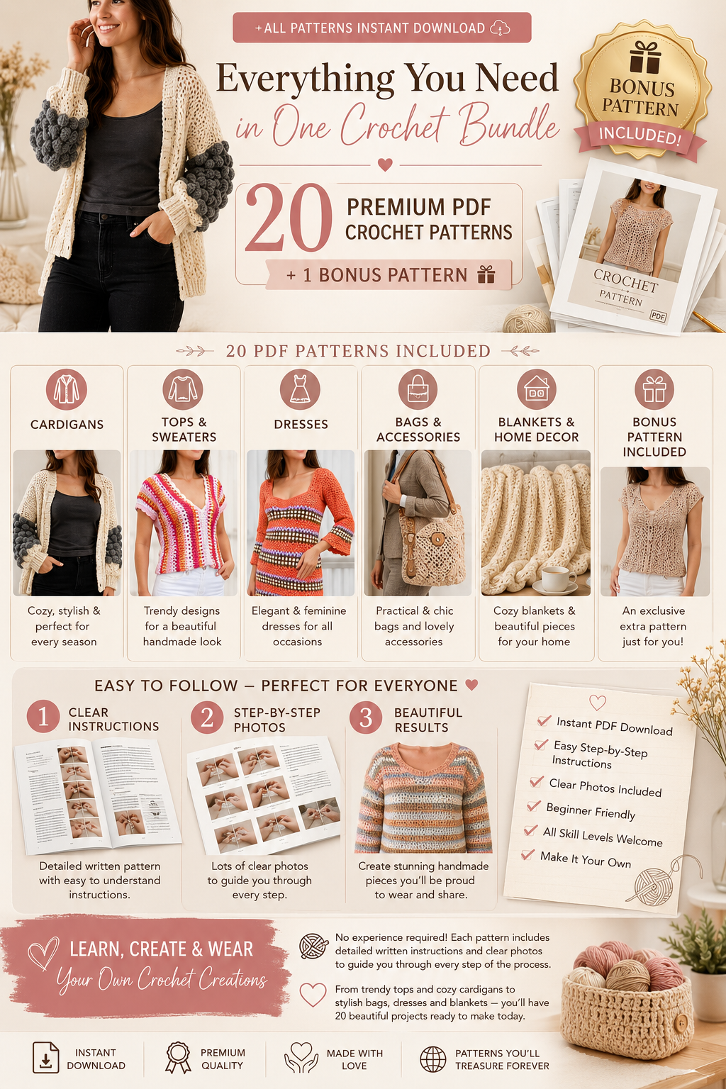 Ultimate Crochet Pattern Bundle – 20 PDF Patterns + FREE Bonus Pattern