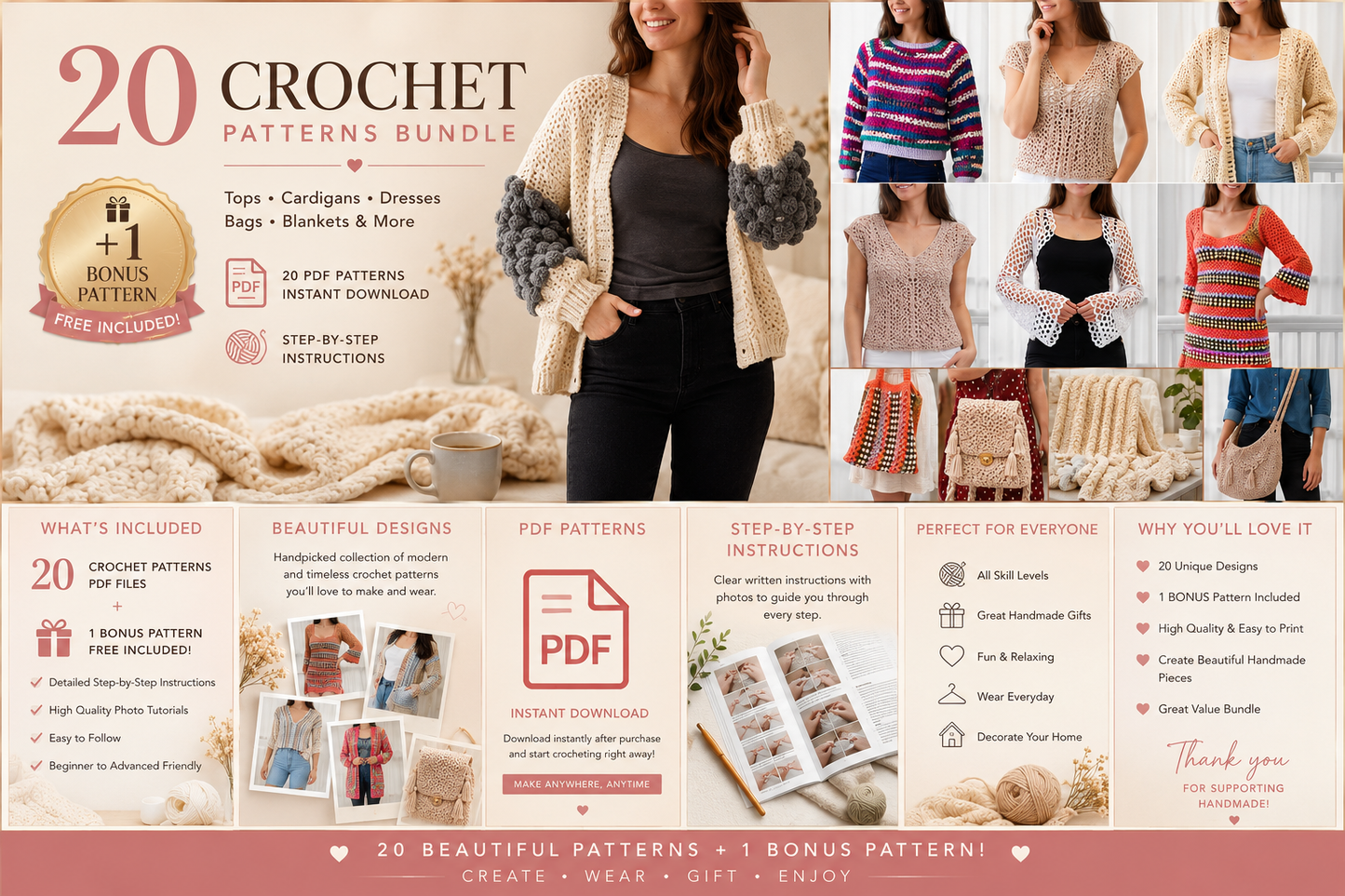 Ultimate Crochet Pattern Bundle – 20 PDF Patterns + FREE Bonus Pattern