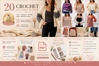 Ultimate Crochet Pattern Bundle – 20 PDF Patterns + FREE Bonus Pattern