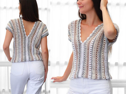 Crochet Pattern VELLOVIA V-Neck Top – PDF (XS–3XL) - Hakel Liebe