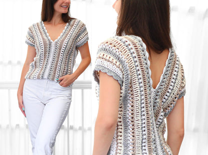 Crochet Pattern VELLOVIA V-Neck Top – PDF (XS–3XL) - Hakel Liebe