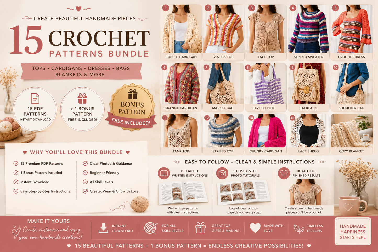 Ultimate Crochet Pattern Bundle – 15 PDF Patterns + FREE Bonus Pattern