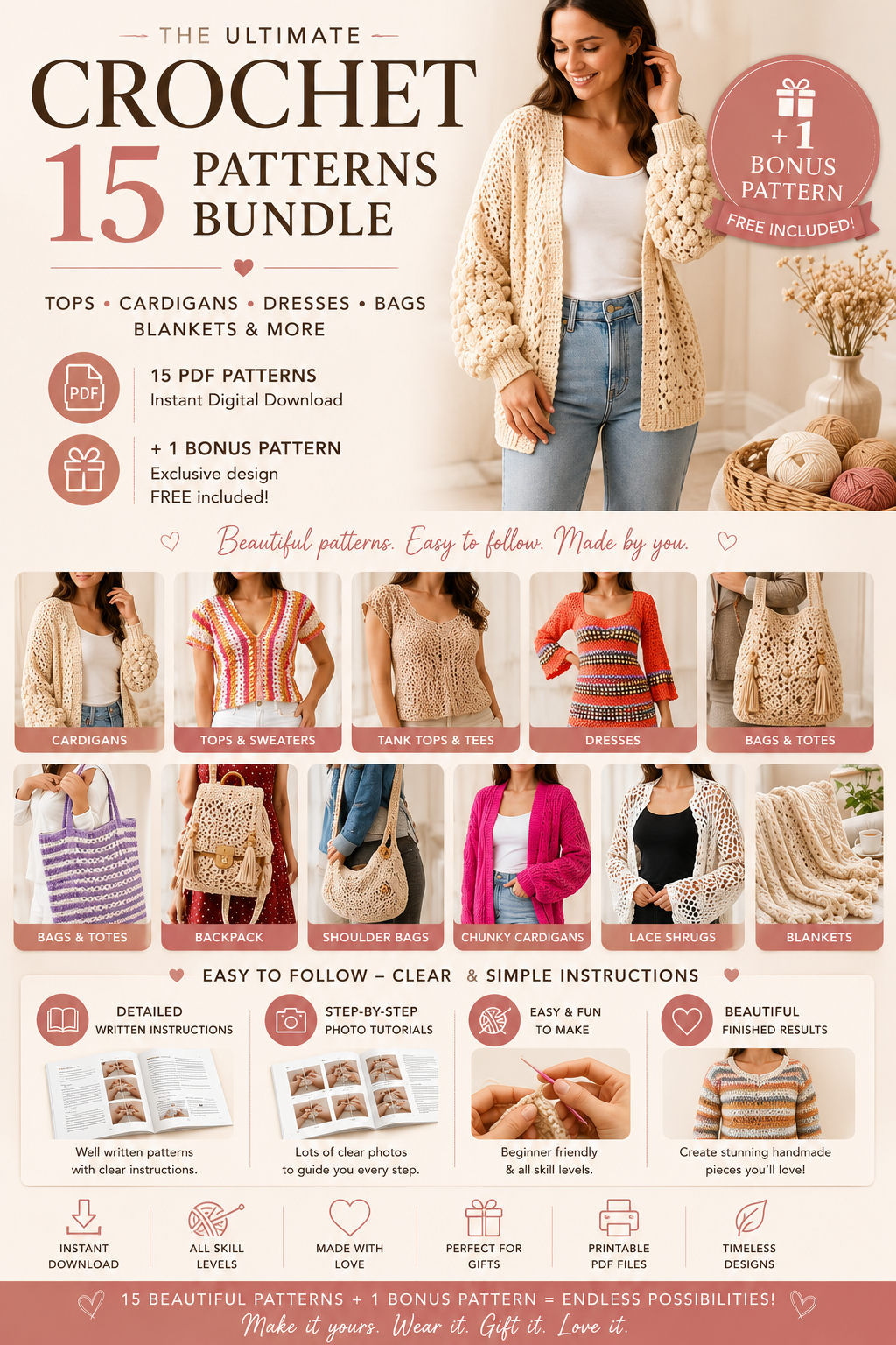Ultimate Crochet Pattern Bundle – 15 PDF Patterns + FREE Bonus Pattern