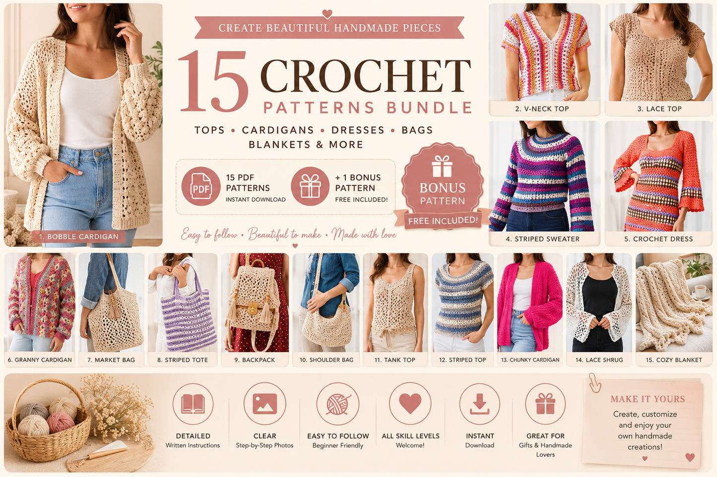 Ultimate Crochet Pattern Bundle – 15 PDF Patterns + FREE Bonus Pattern
